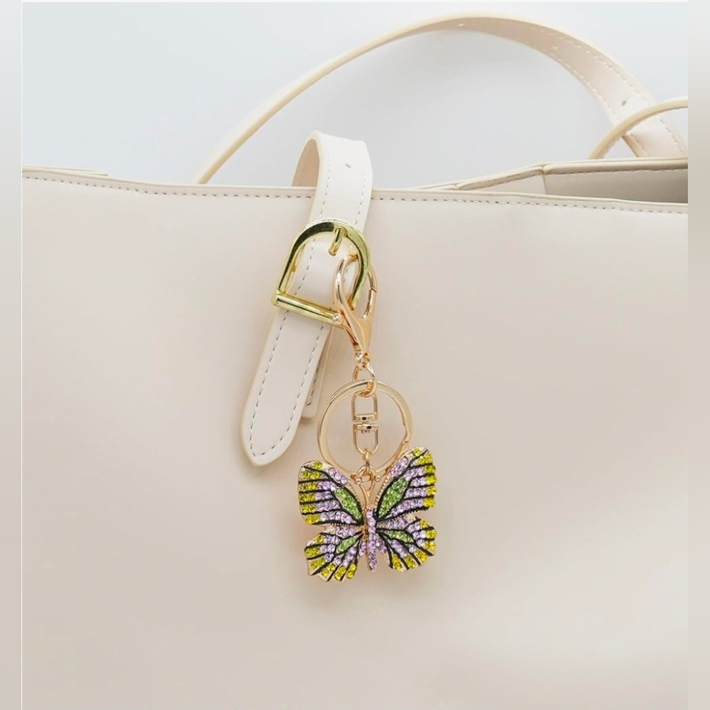 Multicolor Rhinestone Butterfly Keychain With Clasp In Silver BNIB - Picture 7 of 10